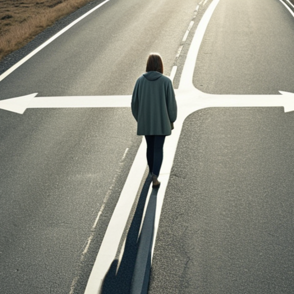 **A person at a crossroads, looking thoughtfully at two paths. Focus on the feeling of intuition and the power of gut feeling over pure logic. Use a muted color palette with a soft, diffused light to convey a sense of inner peace and reflection.**