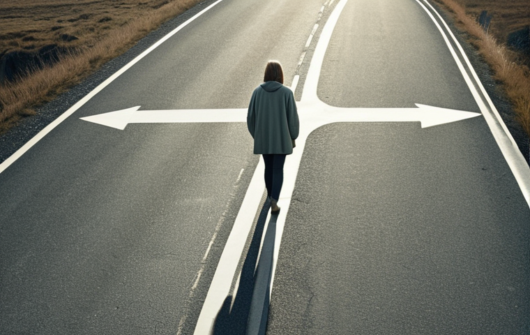 **A person at a crossroads, looking thoughtfully at two paths. Focus on the feeling of intuition and the power of gut feeling over pure logic. Use a muted color palette with a soft, diffused light to convey a sense of inner peace and reflection.**